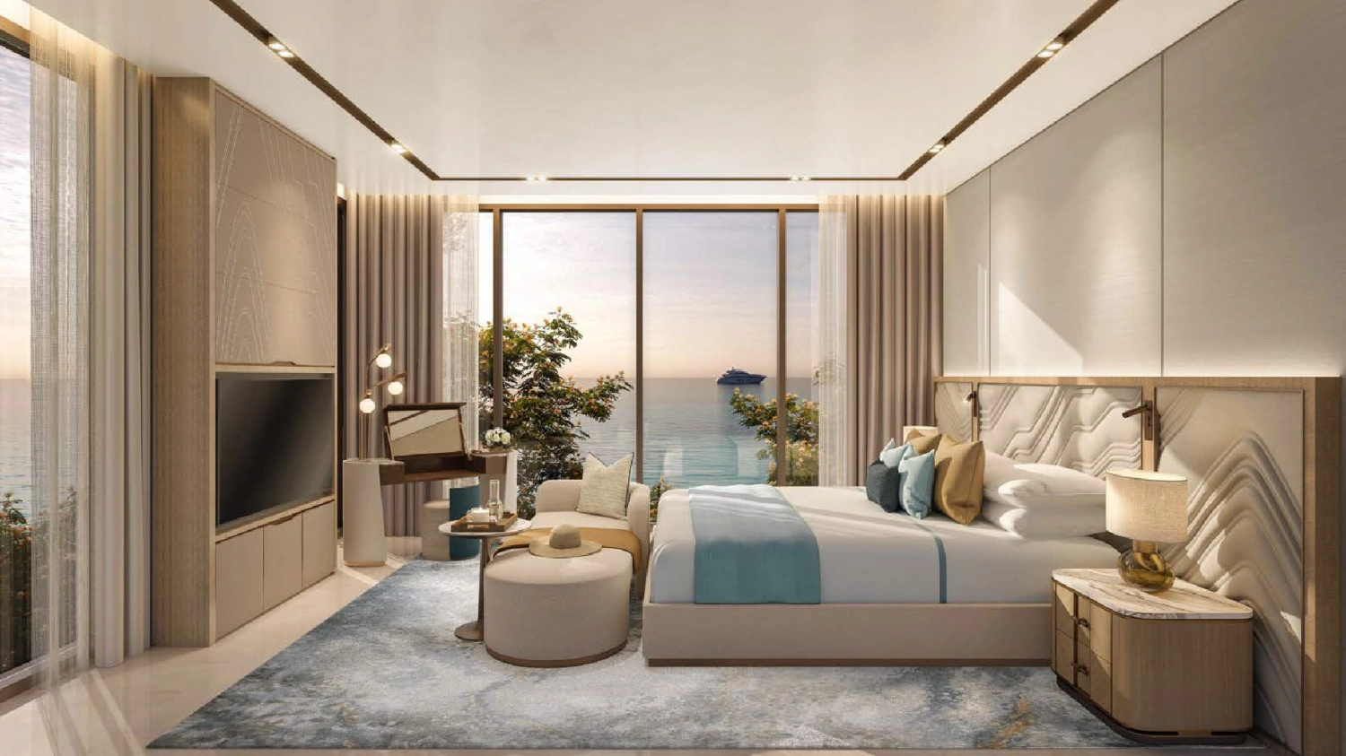 Master bedroom with calming color tones and sea views in SHA Residences